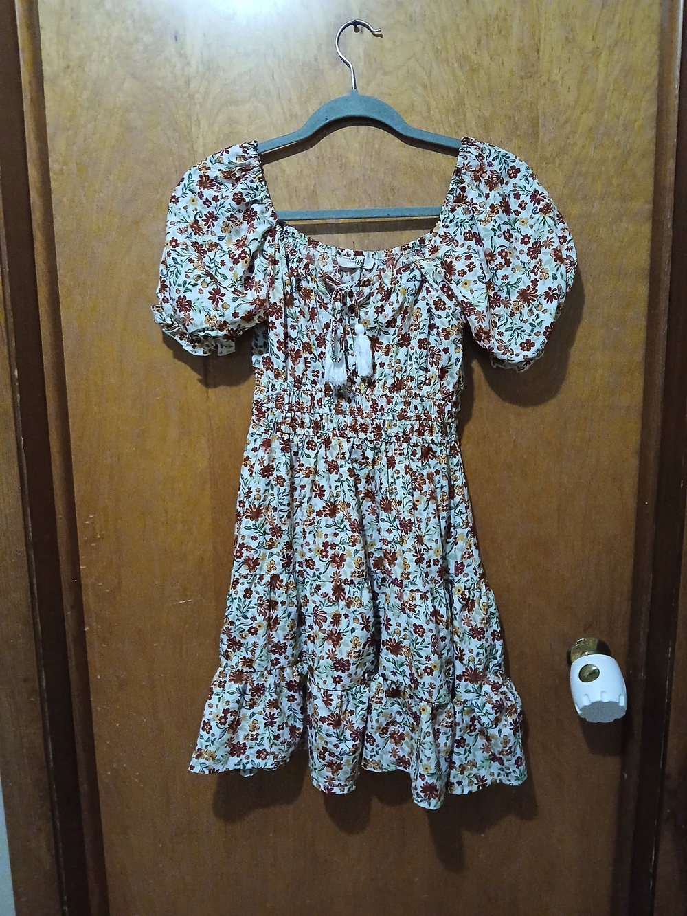 Blush Floral Puff-Sleeve Mini Dress in Cream and Rust